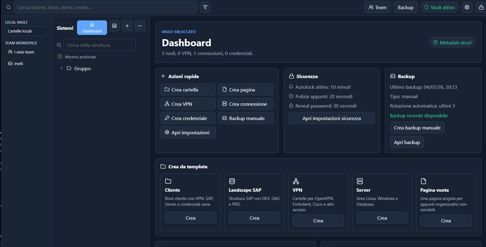 Dashboard Vault in modalita scura