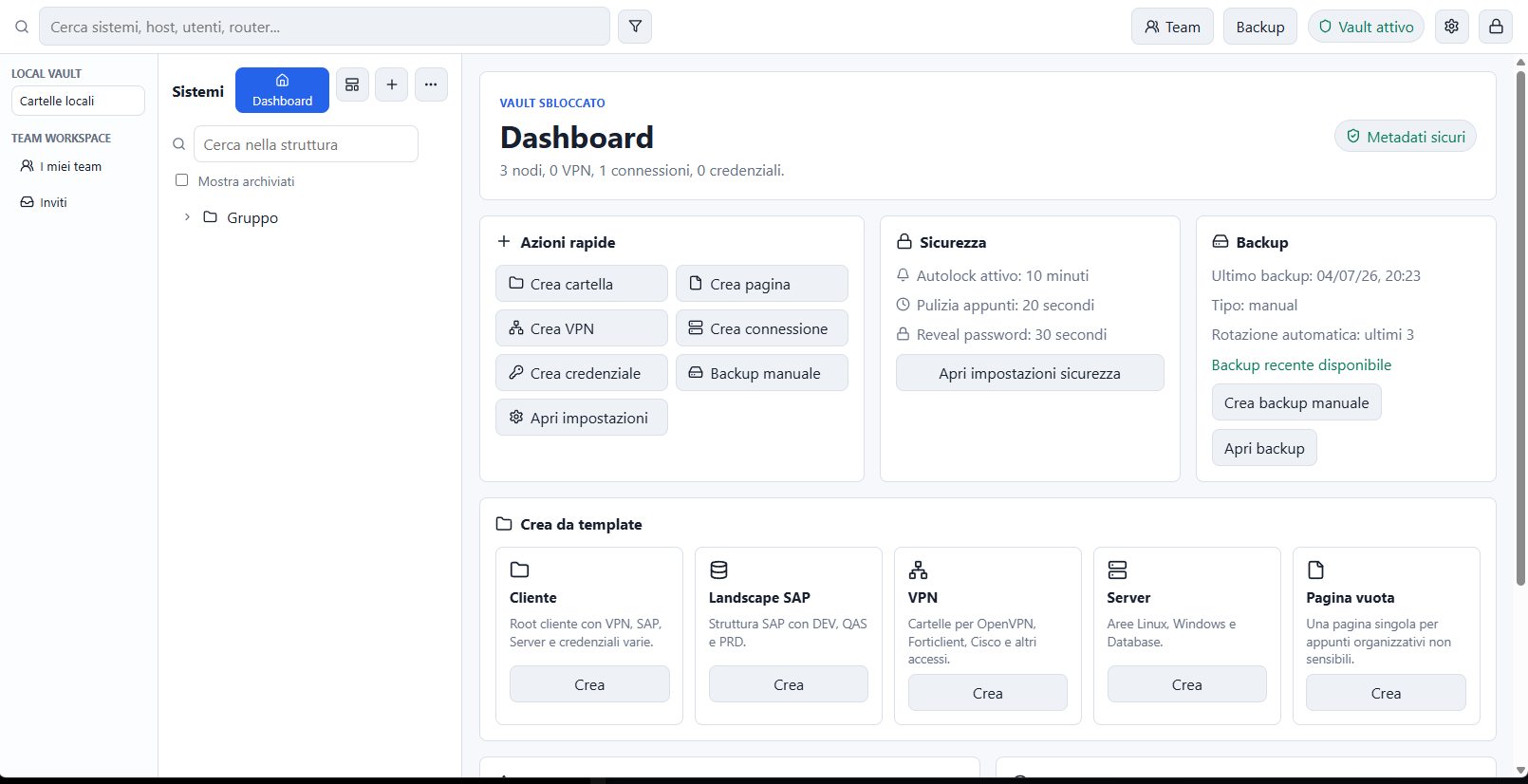Dashboard Vault in modalita chiara